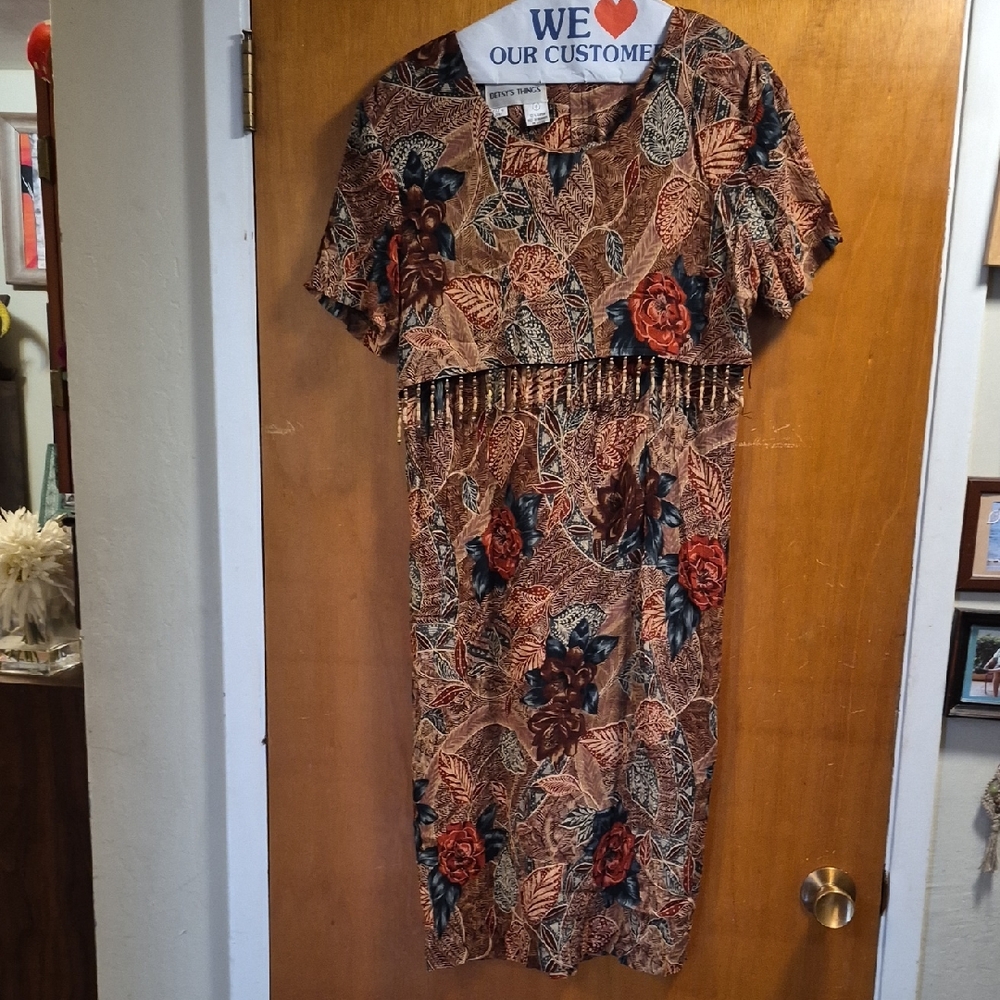 Floral Fringe Midi Dress in Brown and Black by